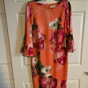 Calvin Klein Coral Floral Midi Dress with Bell Sleeves